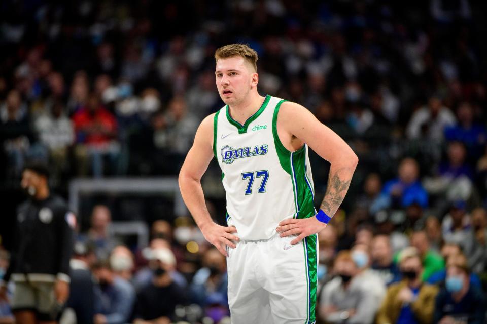 Dallas Mavericks guard Luka Dončić reacts to a call during the second half against the Brooklyn Nets at American Airlines Center.