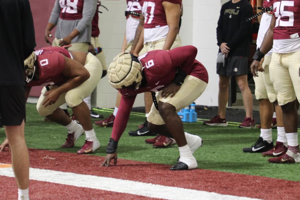 FSU defensive end Dennis Briggs Jr. prepares to go through a drill during the Seminoles' fourth spring football practice on Friday, March 11, 2022.