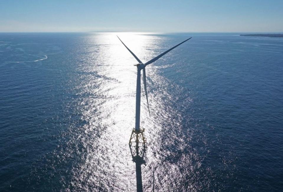 One of the five wind turbines near Block Island in the first offshore wind farm in the nation, a trailblazer for federal approval of the South Fork Wind Farm, to be built about 19 miles southeast of Block Island.