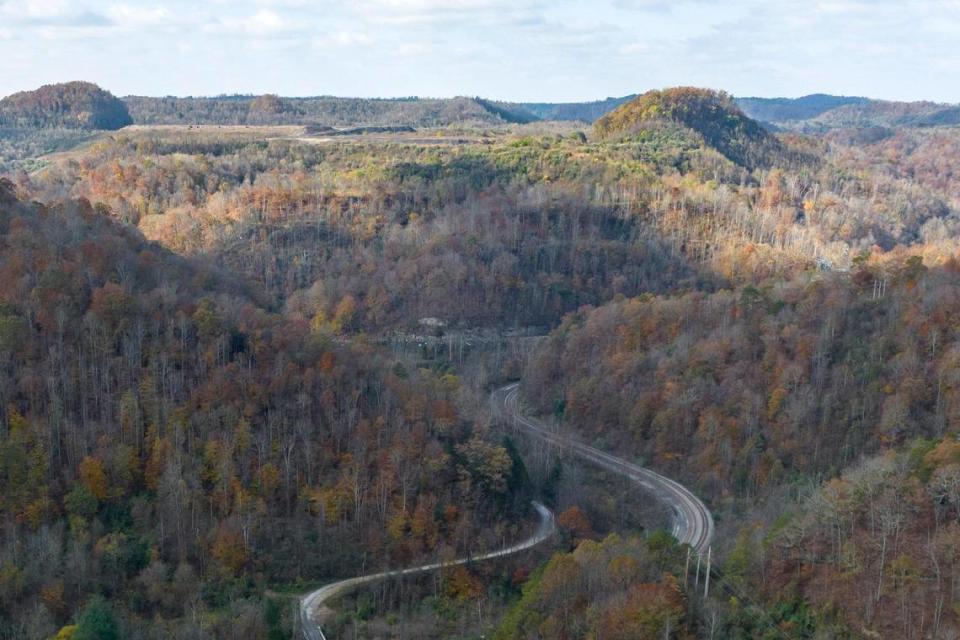 A road leads to the area where two workers are trapped inside a collapsed coal preparation plant in Martin County, Ky., on Wednesday, Nov. 1, 2023.