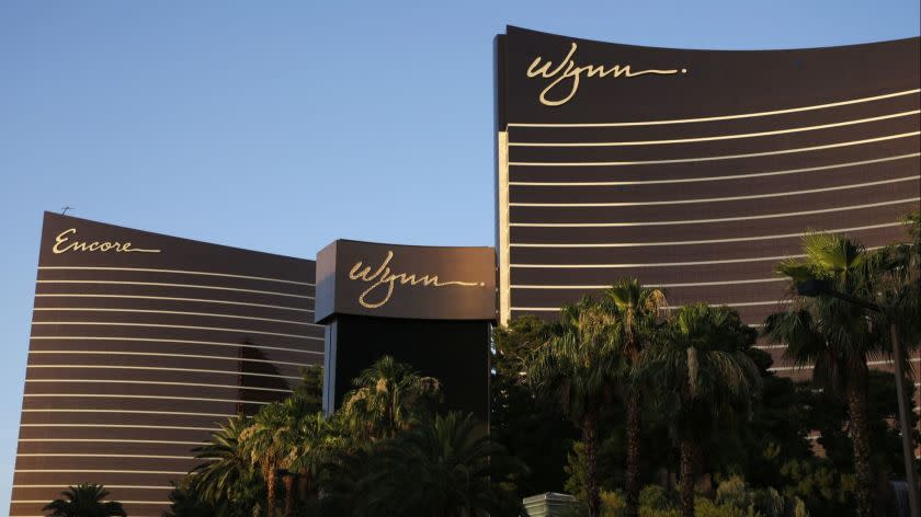 FILE - This June 17, 2014 file photo shows the Wynn Las Vegas and Encore resorts in Las Vegas, both