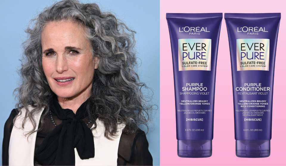 Andie MacDowell next to 2 bottles of L'Oreal Ever Pure Purple shampoo and conditioner