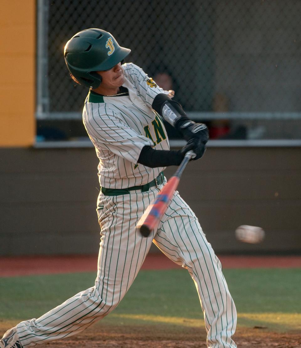 Franklin's Gabe Urrea hits a single during a varsity baseball game at Stagg in Stockton on Thursday, Mar. 23, 2023.