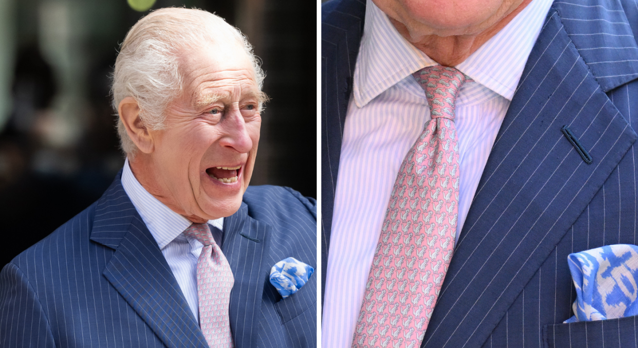 King Charles was spotted wearing a T-rex tie during his first public engagement since receiving his cancer diagnosis. (Getty Images)