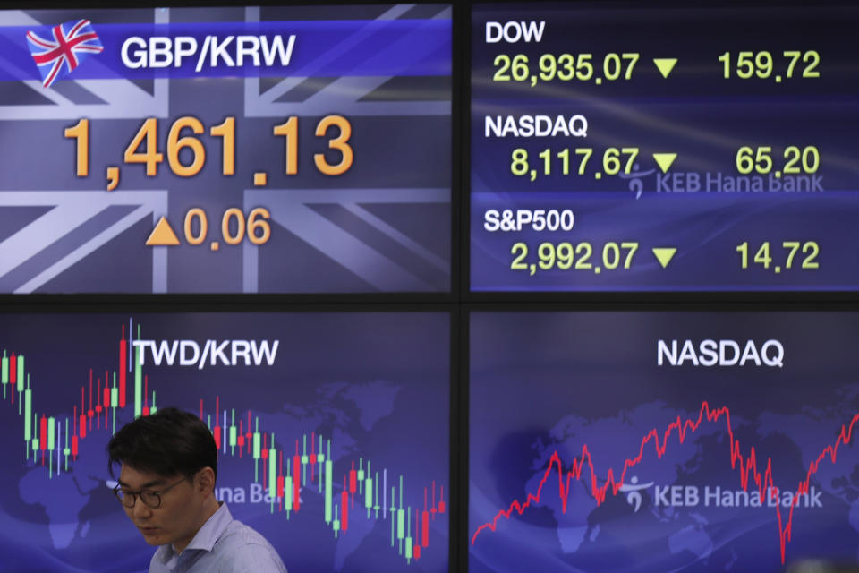 A currency trader stands near screens showing the foreign exchange rates, left, at the foreign exchange dealing room in Seoul, South Korea, Monday, Sept. 23, 2019. Stocks got a downbeat start to the week as investors kept a wary eye on tensions with Iran and on signals from China and the U.S. on prospects for a resolution of their tariffs war. (AP Photo/Lee Jin-man)