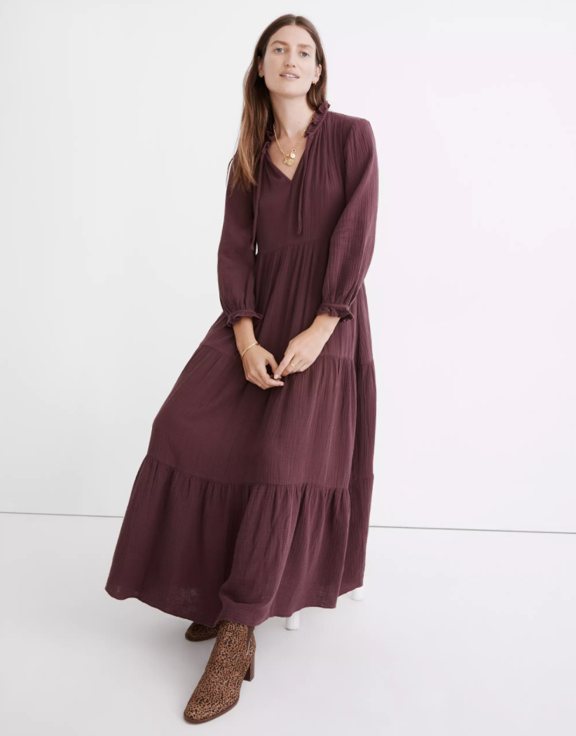 Madewell Lightspun Tie-Neck Tiered Midi Dress