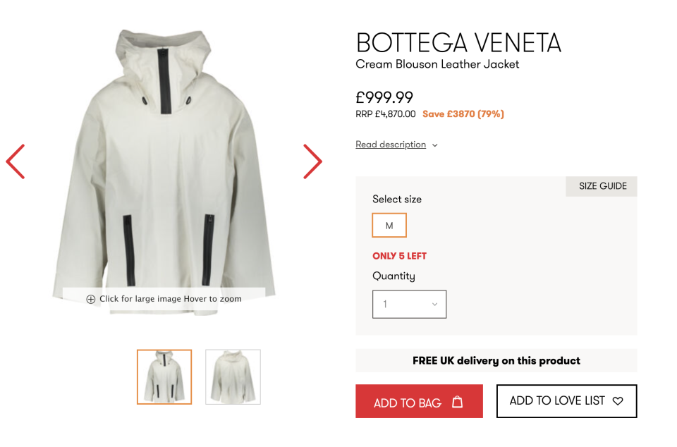 A leather jacket from Daniel Lee’s Bottega Veneta is selling with a 79 percent discount at Tk Maxx. - Credit: Screenshot