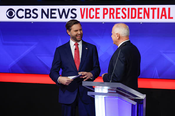 JD Vance, left, and Tim Walz at the CBS Broadcast Center on October 1, 2024 in New York City.