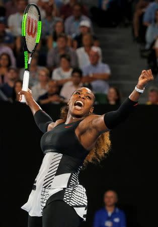 Tennis - Australian Open - Melbourne Park, Melbourne, Australia - 19/1/17 Serena Williams of the U.S. celebrates winning her Women's singles second round match against Czech Republic's Lucie Safarova. REUTERS/Jason Reed/Files