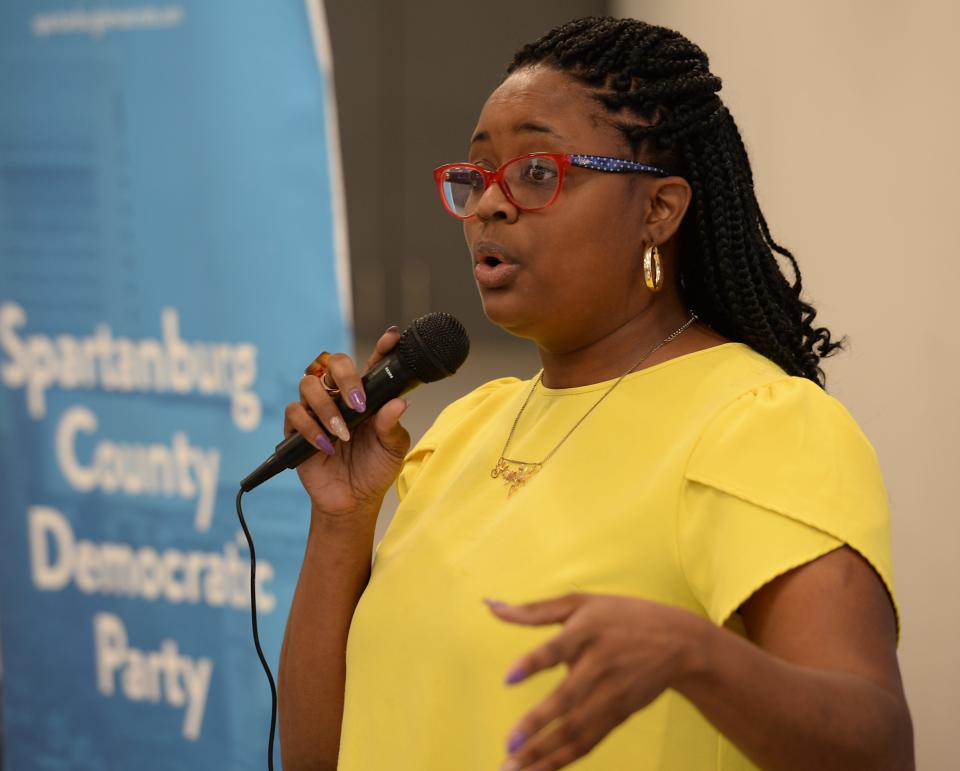 Speakers came to the Spartanburg County Democratic Party meeting at the TK Gregg Community Center on Sept. 6, 2022. One of the speakers was Democrat Krystle Matthews, who plans to oppose Republican U.S. Sen. Tim Scott in the Nov. 8 election. 
