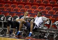 Oklahoma City Thunder players Russell Westbrook (L) and Serge Ibaka attend a practice at the American Airlines Arena in Miami, Florida. The Heat and the Oklahoma City Thunder are preparing for Game 5 of their NBA Finals scheduled for June 21