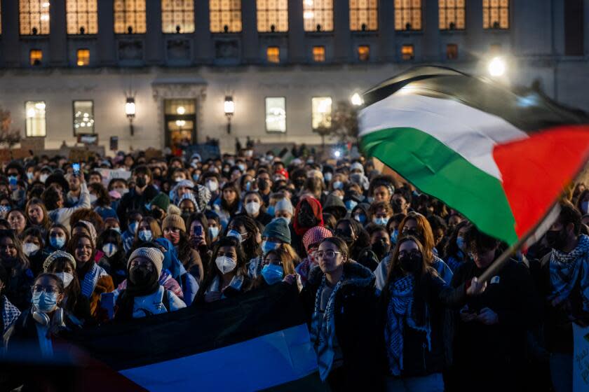 NEW YORK, NEW YORK - NOVEMBER 14: Students participate in a protest in support of Palestine and for free speech at Columbia University campus on November 14, 2023 in New York City. The university suspended two student organizations, Students for Justice in Palestine, and Jewish Voices for Peace, for violating what was called university policies. The tense atmosphere at many college campuses has increased as student groups, activists and others have protested both in support of Israel and of Palestine. (Photo by Spencer Platt/Getty Images)