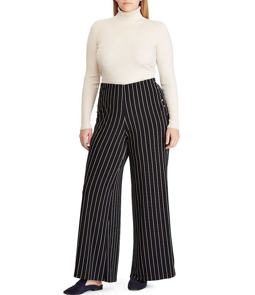 Lauren Ralph Lauren Plus Size Button Trim Pin Stripe Jersey Pant (Photo: Dillard’s)