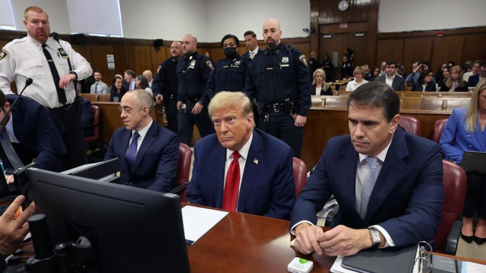 PHOTO: Former President Donald Trump sits in a Manhattan Criminal Courtroom with members of his legal team for the continuation of his hush money trial in New York, Apr. 25, 2024. (Spencer Platt/Pool/EPA-EFE/Shutterstock)