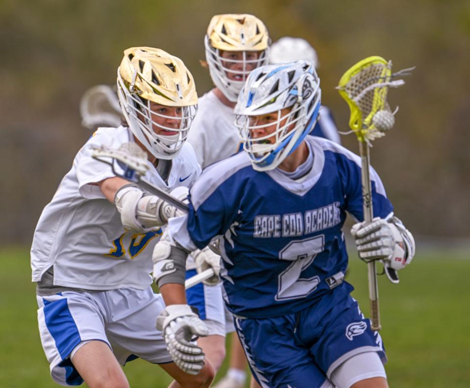 Landen O'Neil of Cape Cod Academy moves past Matt Castano of St. John Paul II.