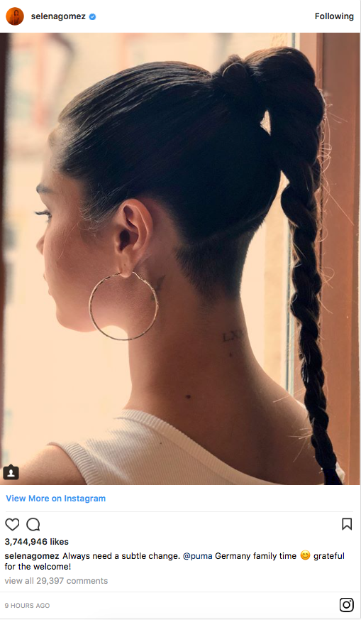 Selena Gomez has taken to her Instagram to post her new undercut. She's had her hair completely shaved underneath her ponytail. Source: Instagram/selenagomez