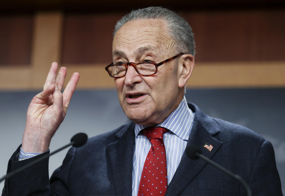 Senate Majority Leader Chuck Schumer of New York, holds a news conference, Thursday, March 25, 2021 on Capitol Hill in Washington. (Jonathan Ernst/Pool via AP)