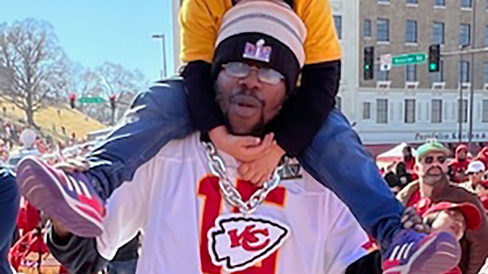 James Lemons was carrying daughter Kensley on his shoulders at the Kansas City Chiefs Super Bowl parade when he felt a bullet enter the back of his right thigh. He says his first thought amid the chaos was getting his family to safety. - Brandie Lemons