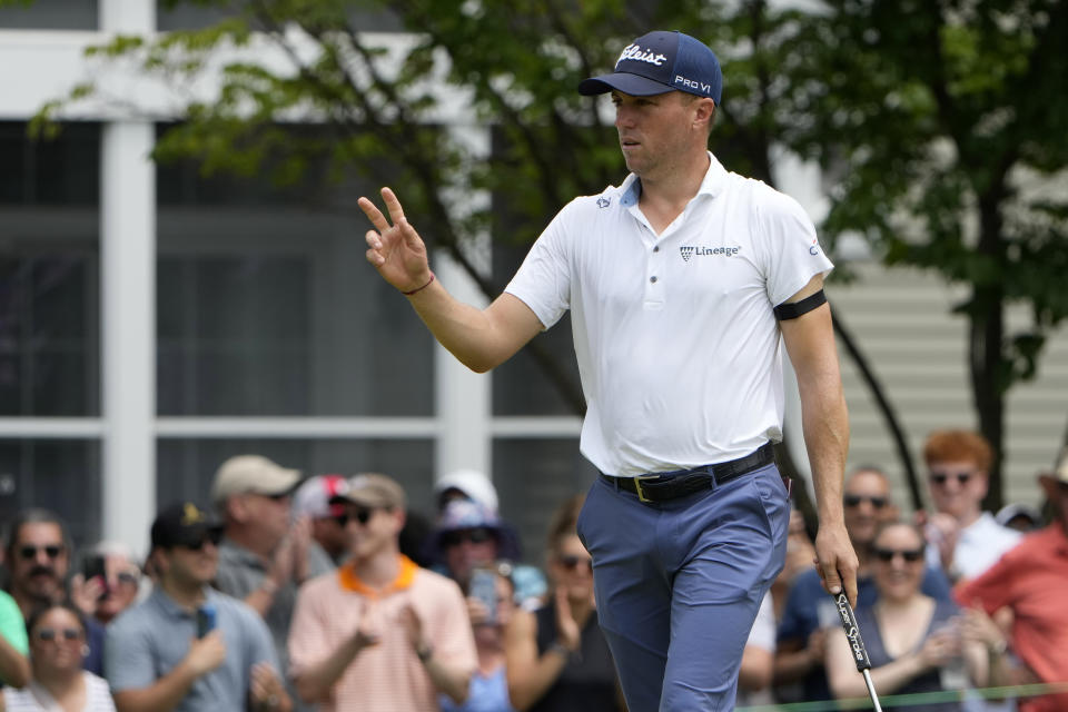 Justin Thomas gestures after making birdie on the fifth hole during the final round of the Travelers Championship golf tournament at TPC River Highlands, Sunday, June 23, 2024, in Cromwell, Conn. (AP Photo/Seth Wenig)