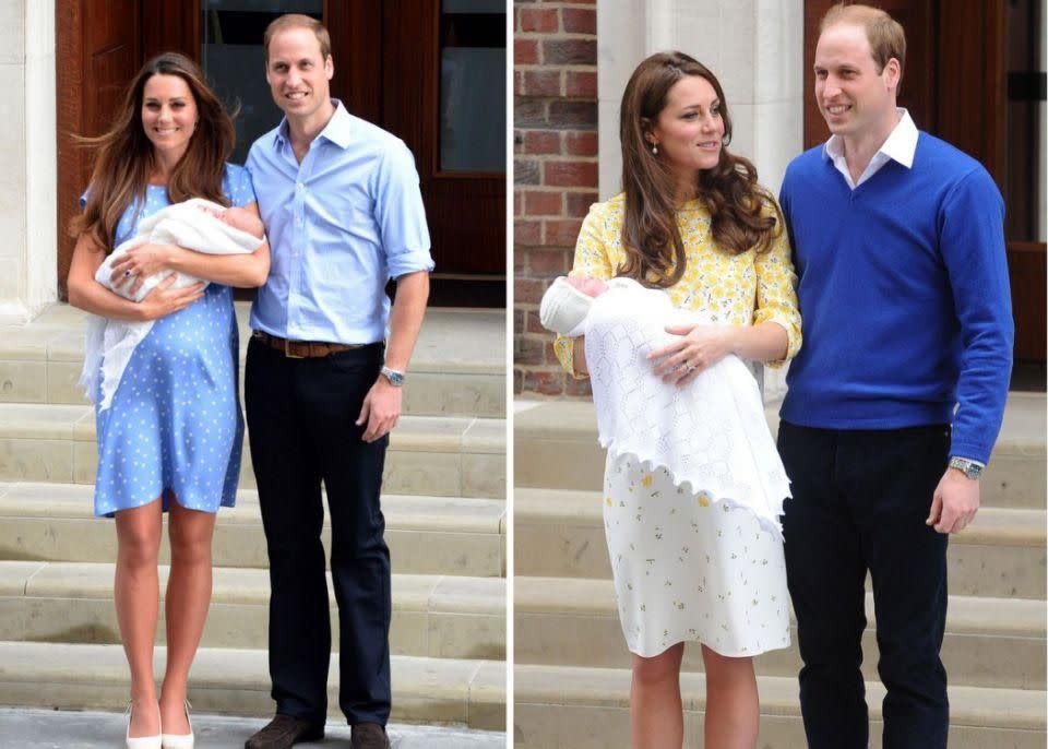 Kate pictured outside the hospital after Prince George and Princess Charlotte were born. Photo: Getty