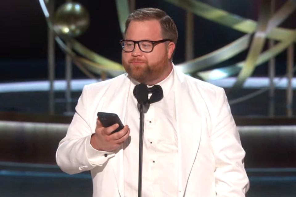 <p>FOX</p> Paul Walter Hauser at the Emmy Awards in Los Angeles on Jan. 15, 2024