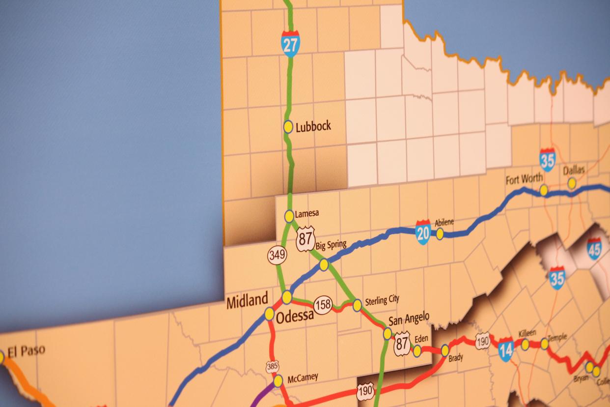 A map shows future interstates running through the Permian Basin at a MOTRAN meeting Tuesday at the Bush Convention Center in Midland.