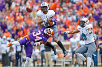 <p>Citadel’s Wally Wilmore (3) breaks up a pass intended for Clemson’s Ray-Ray McCloud (34) with Khafari Buffalo watching during the first half of an NCAA college football game Saturday, Nov. 18, 2017, in Clemson, S.C. (AP Photo/Richard Shiro) </p>