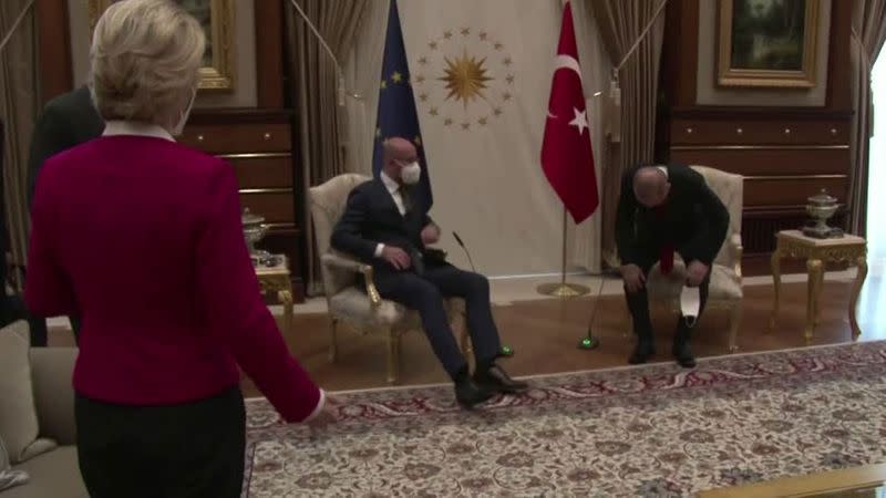 European Commission President Ursula von der Leyen was taken aback to find her fellow top EU official taking the only chair available next to Turkish President Tayyip Erdogan