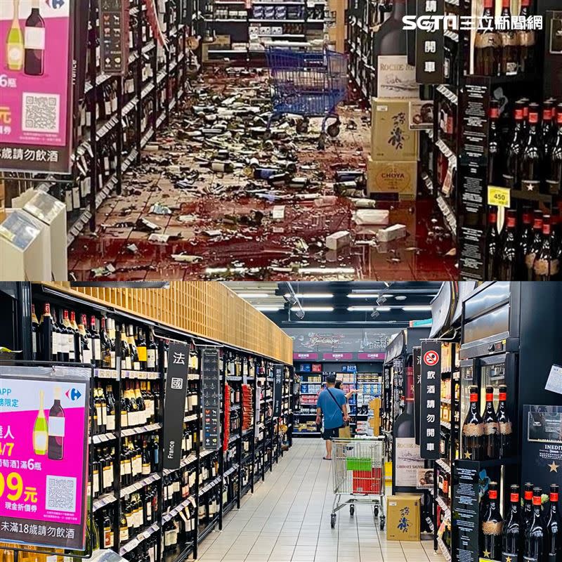 「杰克大叔」分享新店家樂福紅酒區地震前後的畫面，兩者形成強烈對比。（合成圖／翻攝網路、「杰克大叔」授權提供）