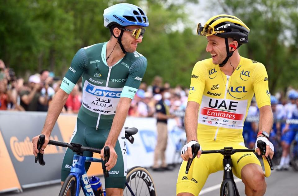 British Simon Yates of Team Jayco Alula and British Adam Yates of UAE Team Emirates pictured at the start of the second stage of the Tour de France cycling race a 2089 km race from VitoriaGasteiz to San Sebastian Spain Sunday 02 July 2023 This years Tour de France takes place from 01 to 23 July 2023 BELGA PHOTO JASPER JACOBS Photo by JASPER JACOBS  BELGA MAG  Belga via AFP Photo by JASPER JACOBSBELGA MAGAFP via Getty Images