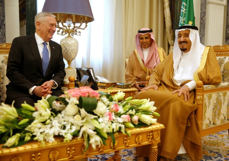Saudi King Salman (R) sits next to an interpreter during a meeting with US Defence Secretary James Mattis in Riyadh on April 19, 2017