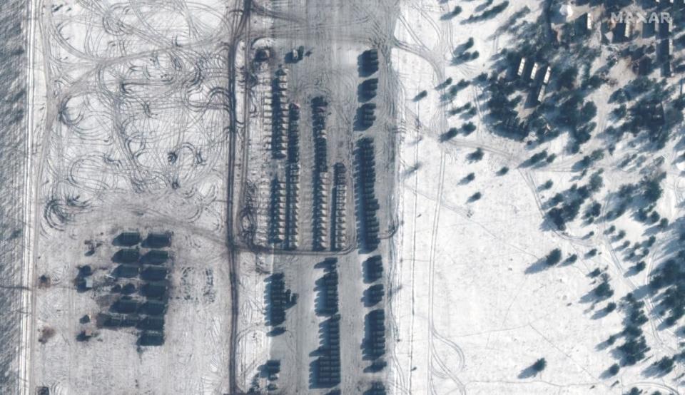 <div class="inline-image__caption"><p>Satellite images show huge new build up of Russian forces in southern Belarus including a field hospital and troop housing at Zyabrovka airfield less than 15 miles from the border with Ukraine.</p></div> <div class="inline-image__credit">Satellite image ©2022 Maxar Technologies</div>