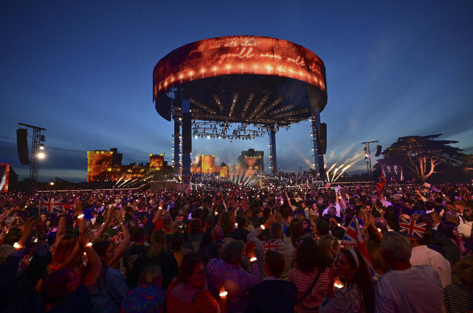 A general view of the concert at Windsor Castle in Windsor, England, Sunday, May 7, 2023, celebrating the coronation of King Charles III. It is one of several events over a three-day weekend of celebrations. (Leon Neal/Pool Photo via AP)