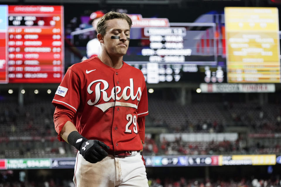 Cincinnati Reds' TJ Friedl walks off the field following the team's loss to the Pittsburgh Pirates in a baseball game, Saturday, Sept. 23, 2023, in Cincinnati. (AP Photo/Joshua A. Bickel)