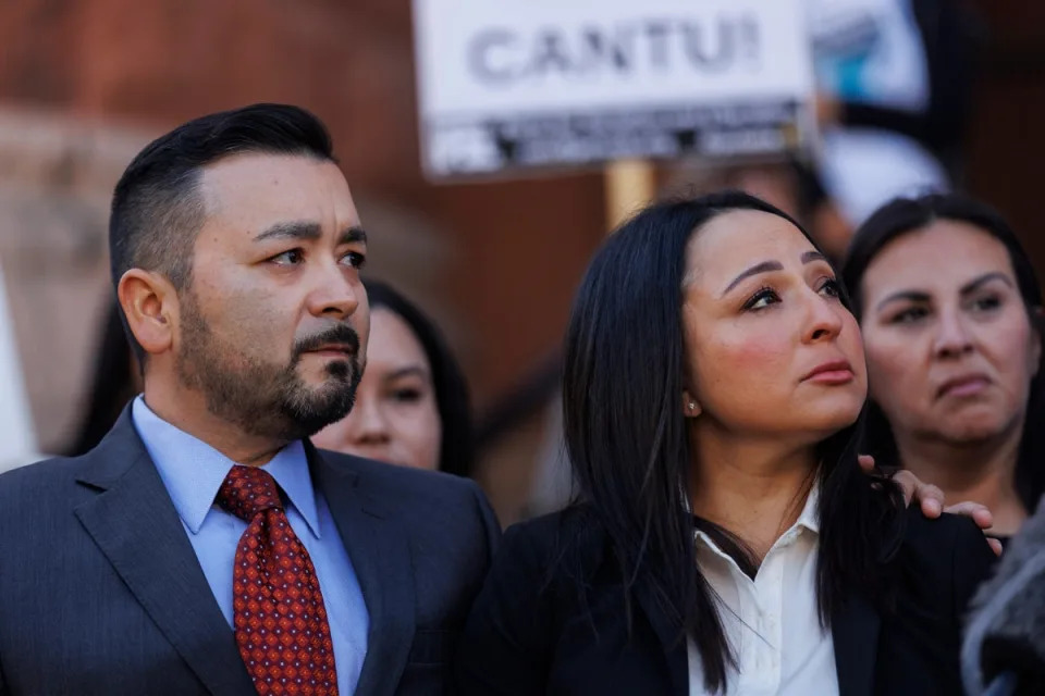 Eric Cantu Sr. and Victoria Casarez listen as Benjamin Crump, one of their attorneys, addresses the news media about their 17-year-old son Erik Cantu (AP)