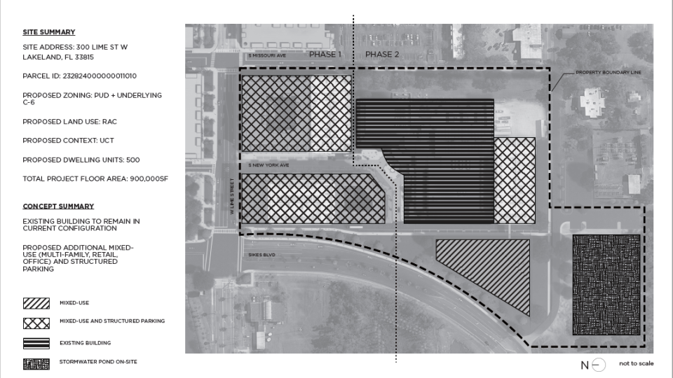 The Lunz Group has put together a site plan to redevelop The Ledger's site at 300 W. Lime Street into the "gateway to Downtown Lakeland West." It would construct mixed-used buildings over existing surface parking lots for up to 500 multifamily apartment units, office and retail space.