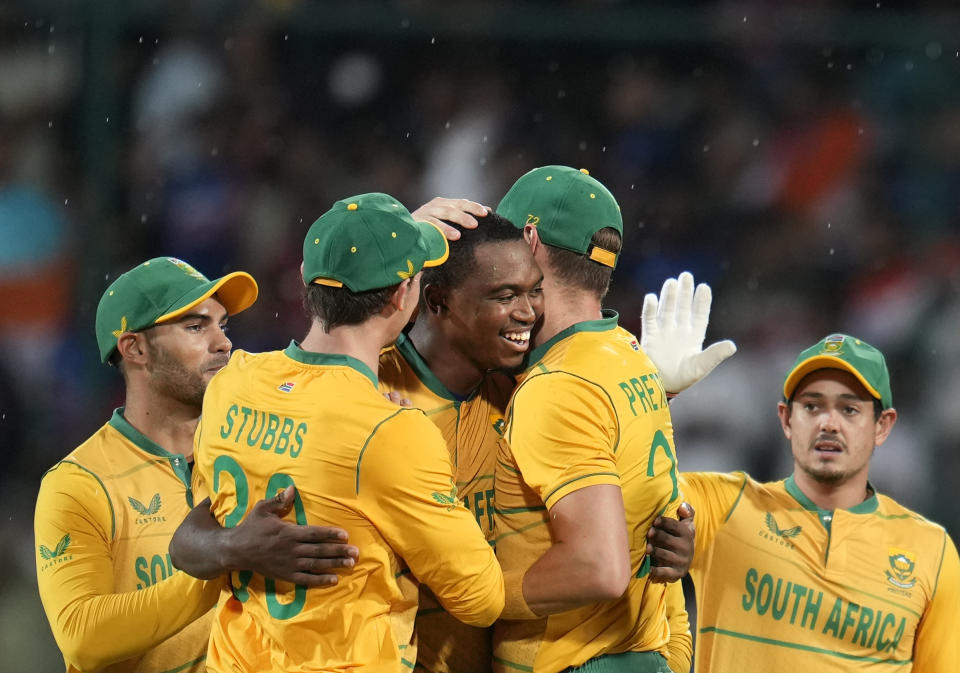 South Africa's Lungi Ngidi, celebrates the wicket of India's Ruturaj Gaikwad during the fifth Twenty20 cricket match between India and South Africa, in Bengaluru, Sunday, June 19, 2022. (AP Photo/Aijaz Rahi)