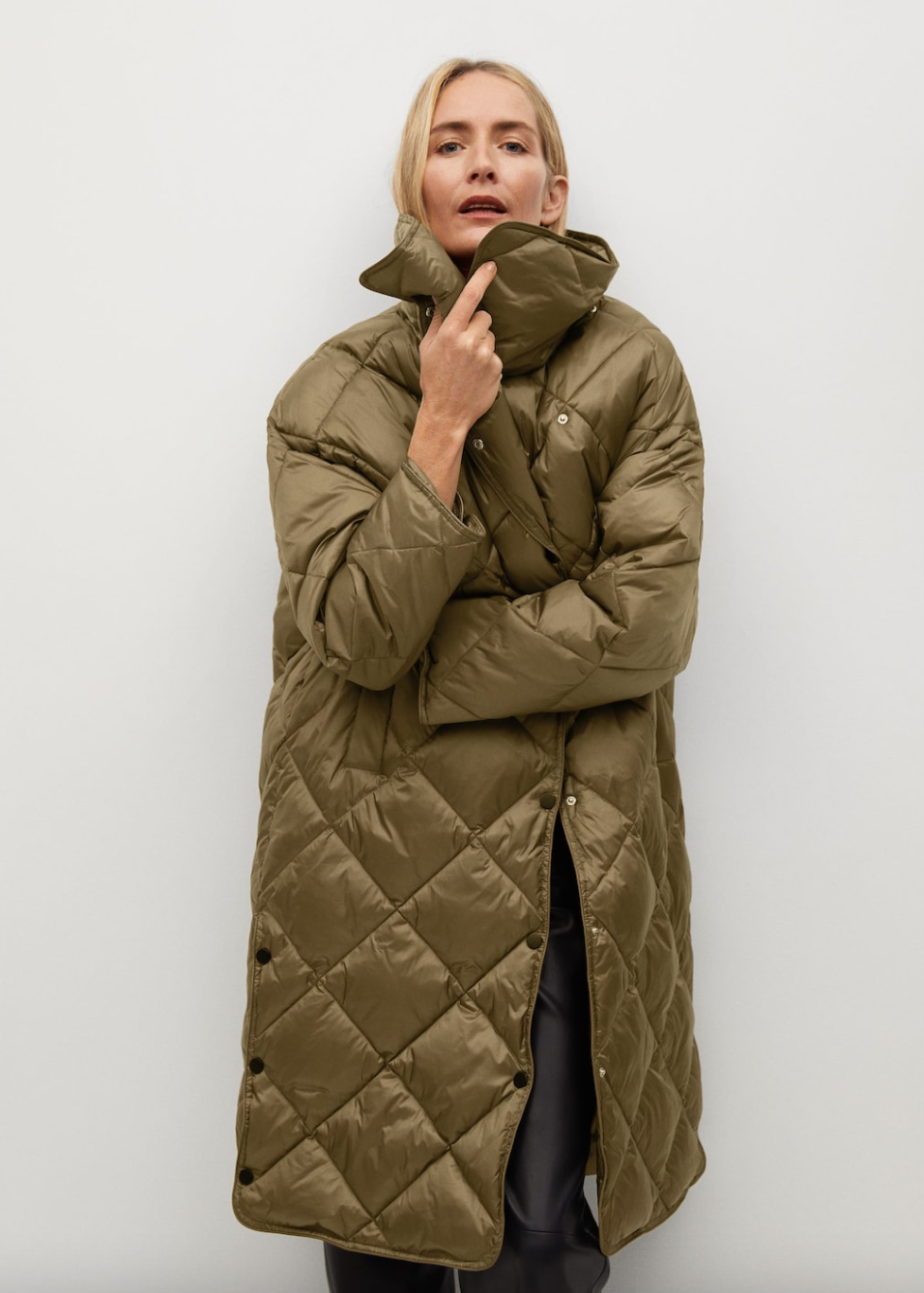 Mango Oversized Quilted Coat in Khaki (Photo via Mango)