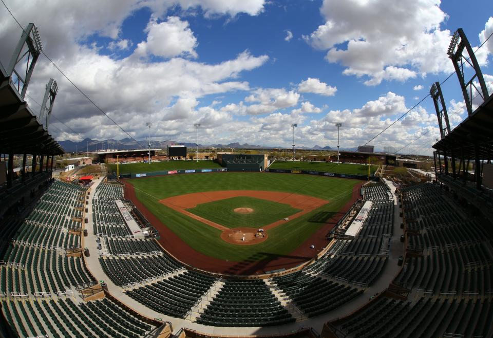 The main stadium is being prepared on Feb. 19 for the Arizona Diamondbacks opening spring training game in 2019 at Salt River Fields at Talking Stick in Scottsdale, Ariz.