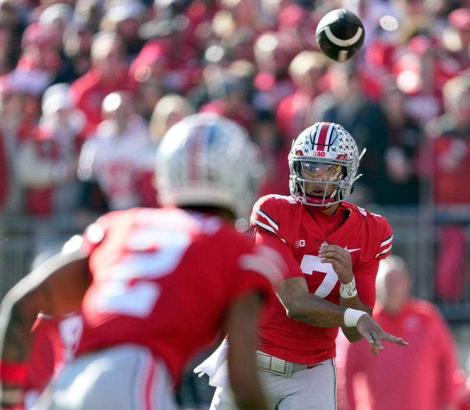 Ohio State quarterback C.J. Stroud, passing against Michigan, could be drafted as high as No. 1 overall.