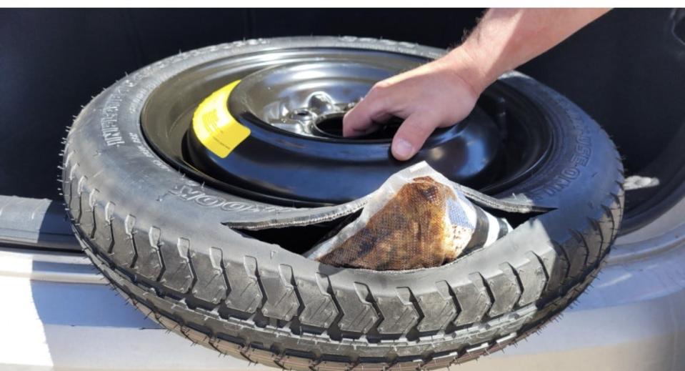 A Texas Highway Patrol trooper stopped a 2020 Hyundai Elantra traveling east on Interstate 40 near Vega for a traffic violation. The trooper then discovered two vacuum-sealed bundles of suspected cocaine concealed inside a spare tire.