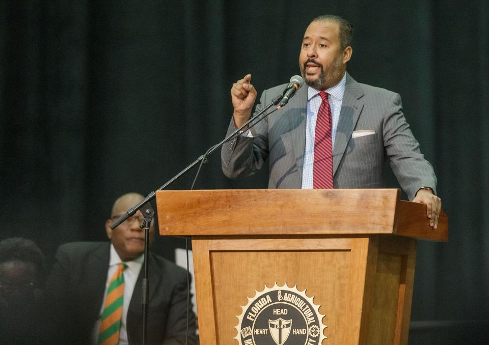 Former FAMU president Frederick Humphries' youngest son, Laurence Humphries shares memories of his father during a funeral service honoring him at the Lawson Center Saturday, July 10, 2021. 