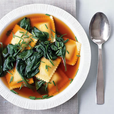 Beef Ravioli and Spinach Soup