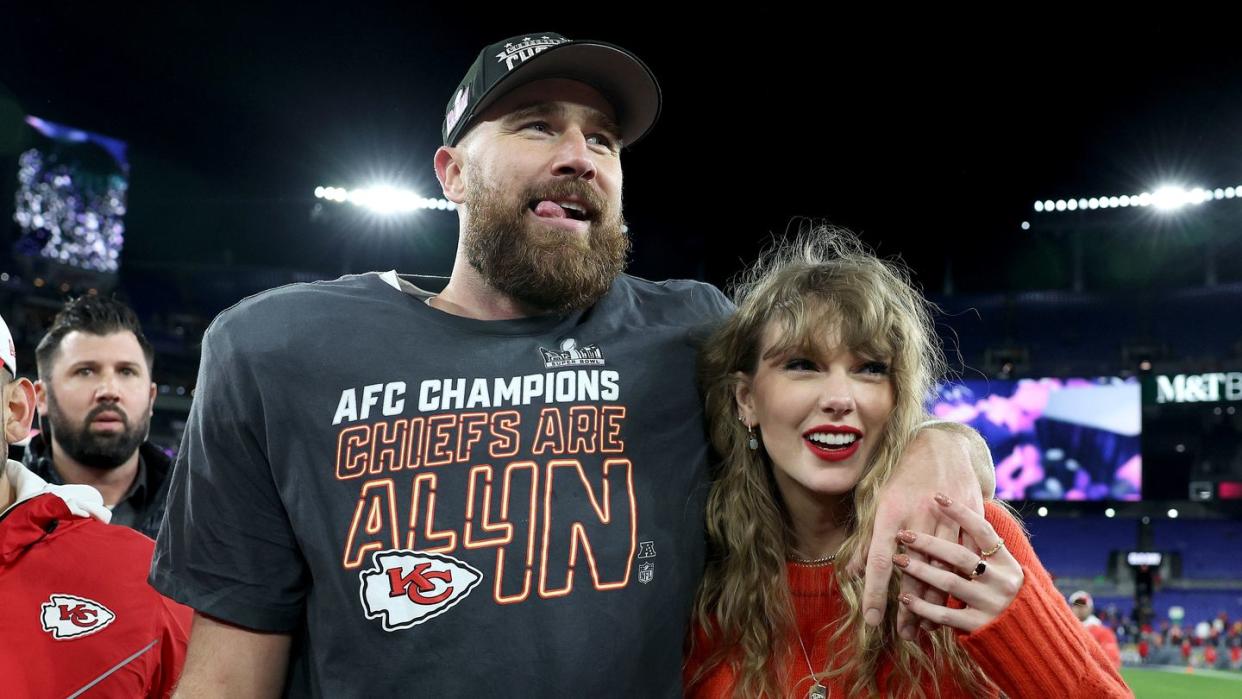 baltimore, maryland january 28 travis kelce 87 of the kansas city chiefs celebrates with taylor swift after a 17 10 victory against the baltimore ravens in the afc championship game at mt bank stadium on january 28, 2024 in baltimore, maryland photo by patrick smithgetty images