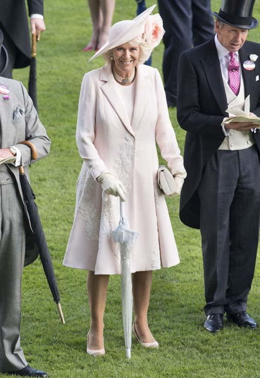 Camilla wore a baby pink dress and coat at the 2016 Ascot races, which she matched with a similar-coloured pink hat.