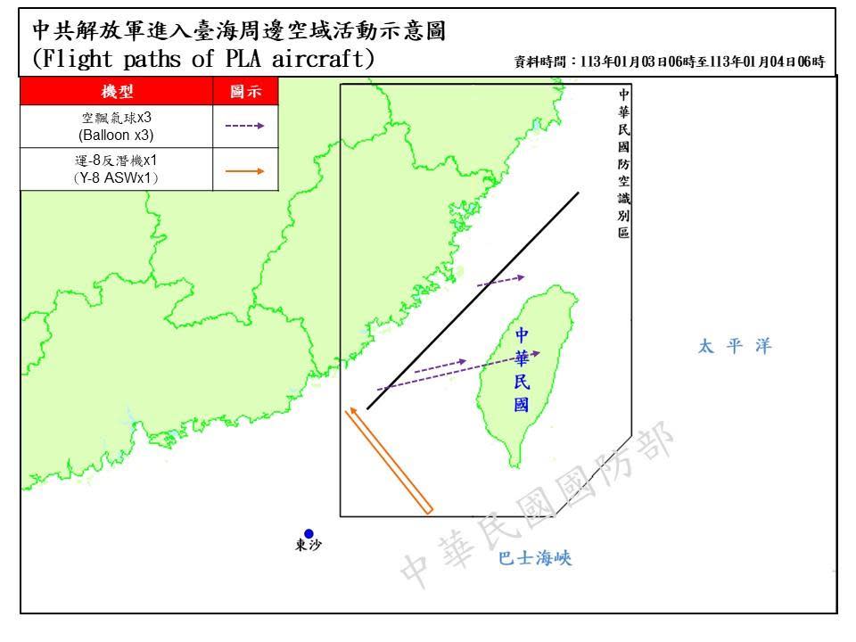 中共解放軍進入台海周邊空域活動示意圖。（圖／國防部提供）