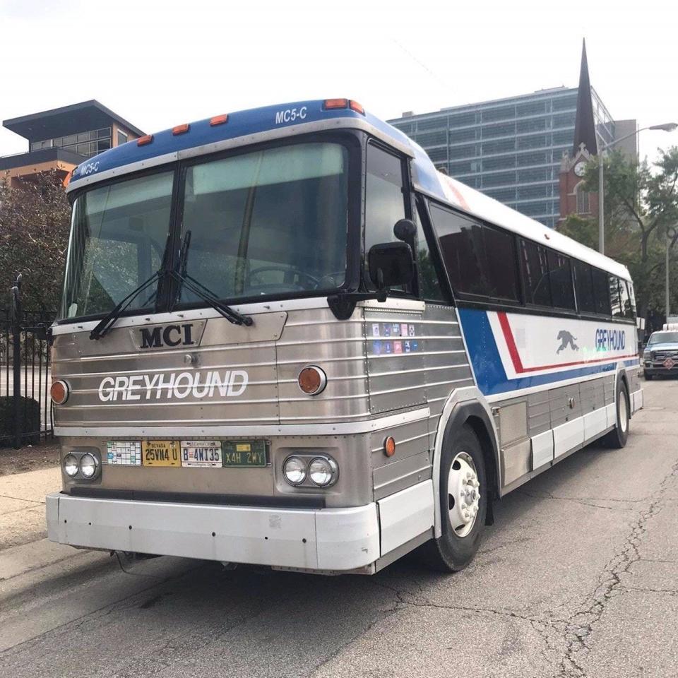 A 1980s-style Greyhound bus sat outside Spoonful Records on Rich Street this past summer. The bus was used for the upcoming horror-romance movie "Bones and All."