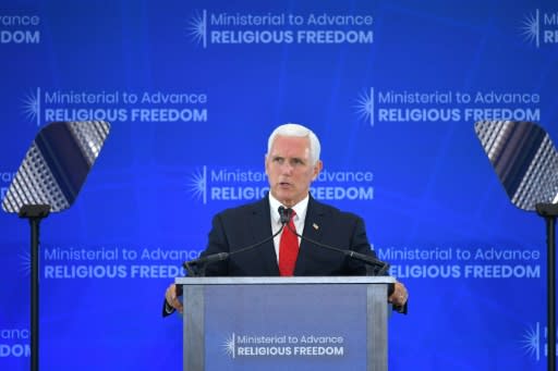 US Vice President Mike Pence addresses a ministerial meeting at the State Department on religious freedom
