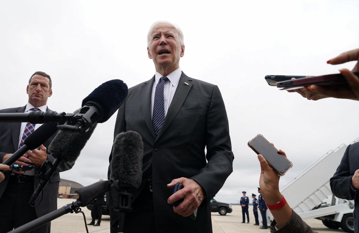 U.S. President Joe Biden speaks to reporters as he departs for Boston from Joint Base Andrews in Maryland, U.S., September 12, 2022. REUTERS/Kevin Lamarque