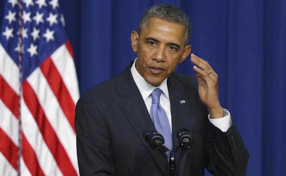 President Barack Obama speaks about college education, Thursday, Jan. 16, 2014, in the Eisenhower Executive Office Building on the White House complex in Washington. The event which is to promote opportunities for students to attend and finish college and university, was attended by college and university presidents and leaders from nonprofits, foundations, governments and businesses. (AP Photo/Charles Dharapak)